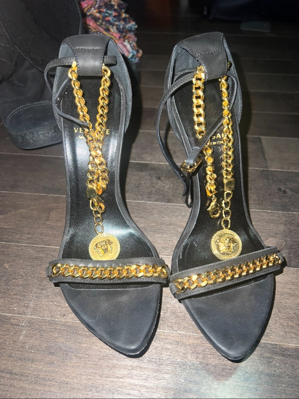 Versace Black Leather Heels with Gold Chain & Medallion